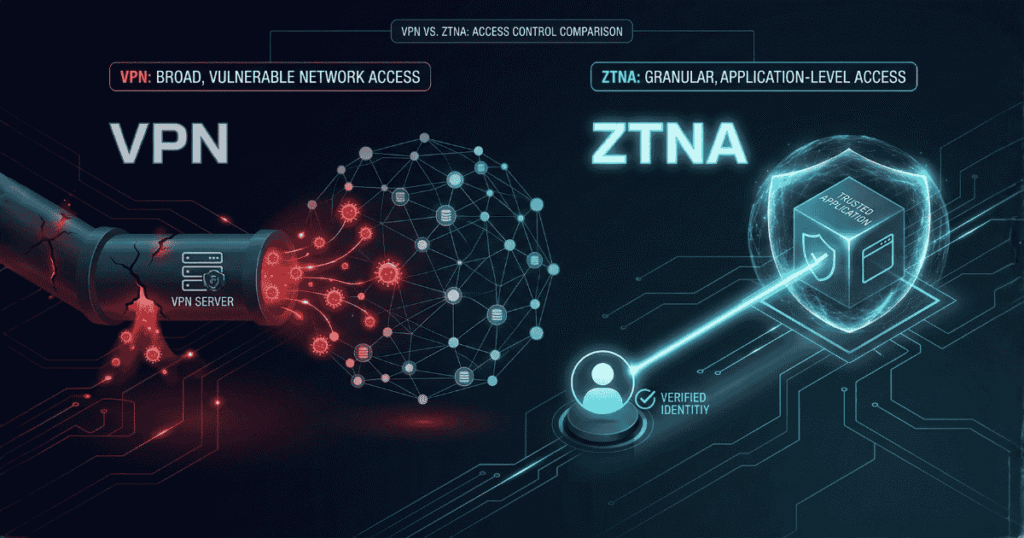 Comparing traditional VPN vulnerabilities to modern Zero Trust Network Access ZTNA routing.
