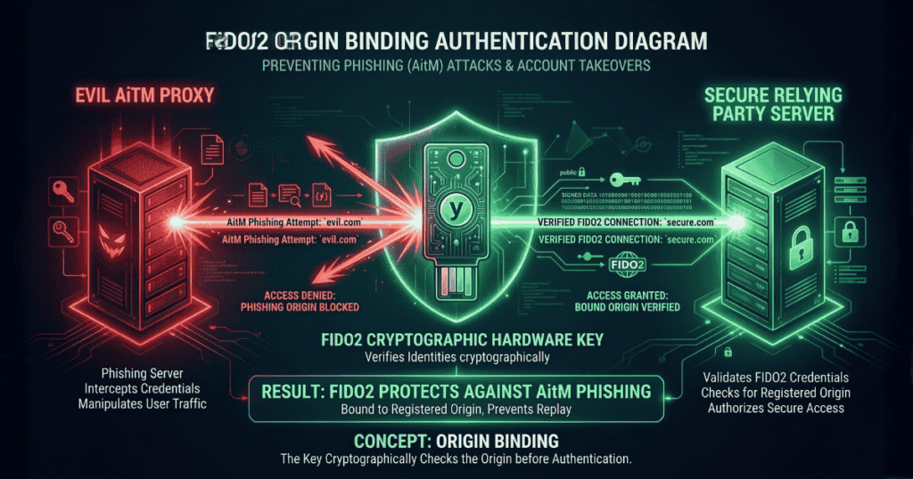 Diagram showing how FIDO2 origin binding stops AiTM phishing in a passwordless authentication implementation guide.