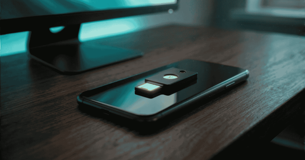 Hardware security key and mobile device used in a passwordless authentication implementation guide.