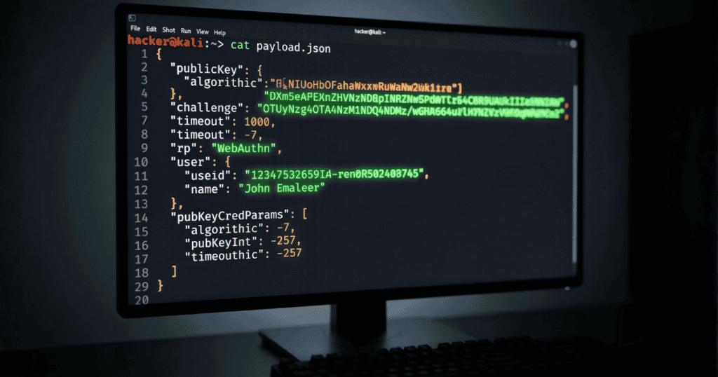 Analyzing a WebAuthn JSON payload to test a passwordless authentication implementation guide.